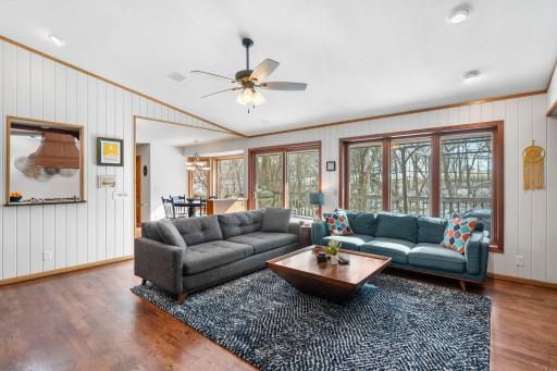 The family room overlooks the private back yard