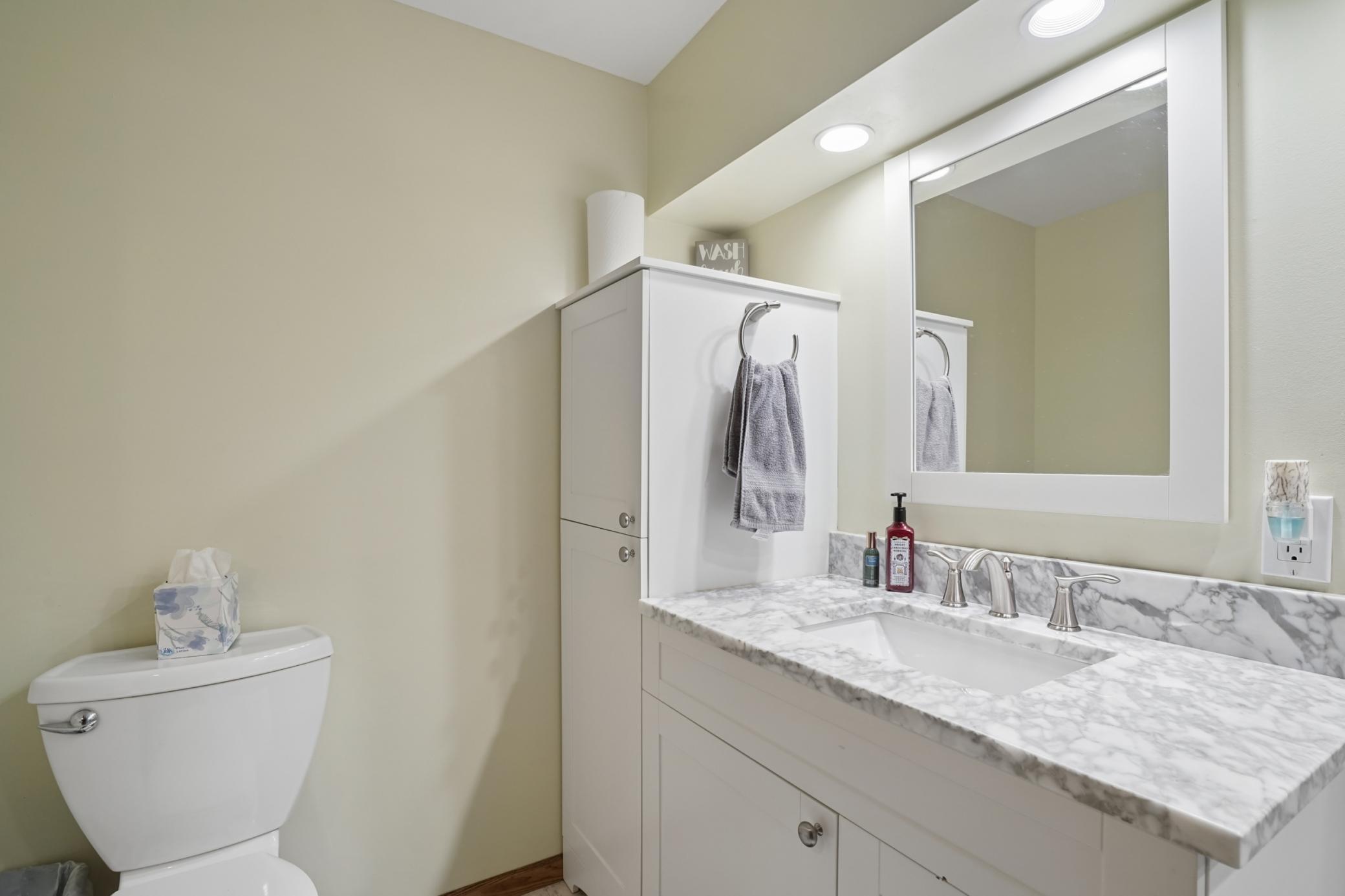 The 3/4 bathroom in the basement features a tiled walk-in shower and a marble countertop.