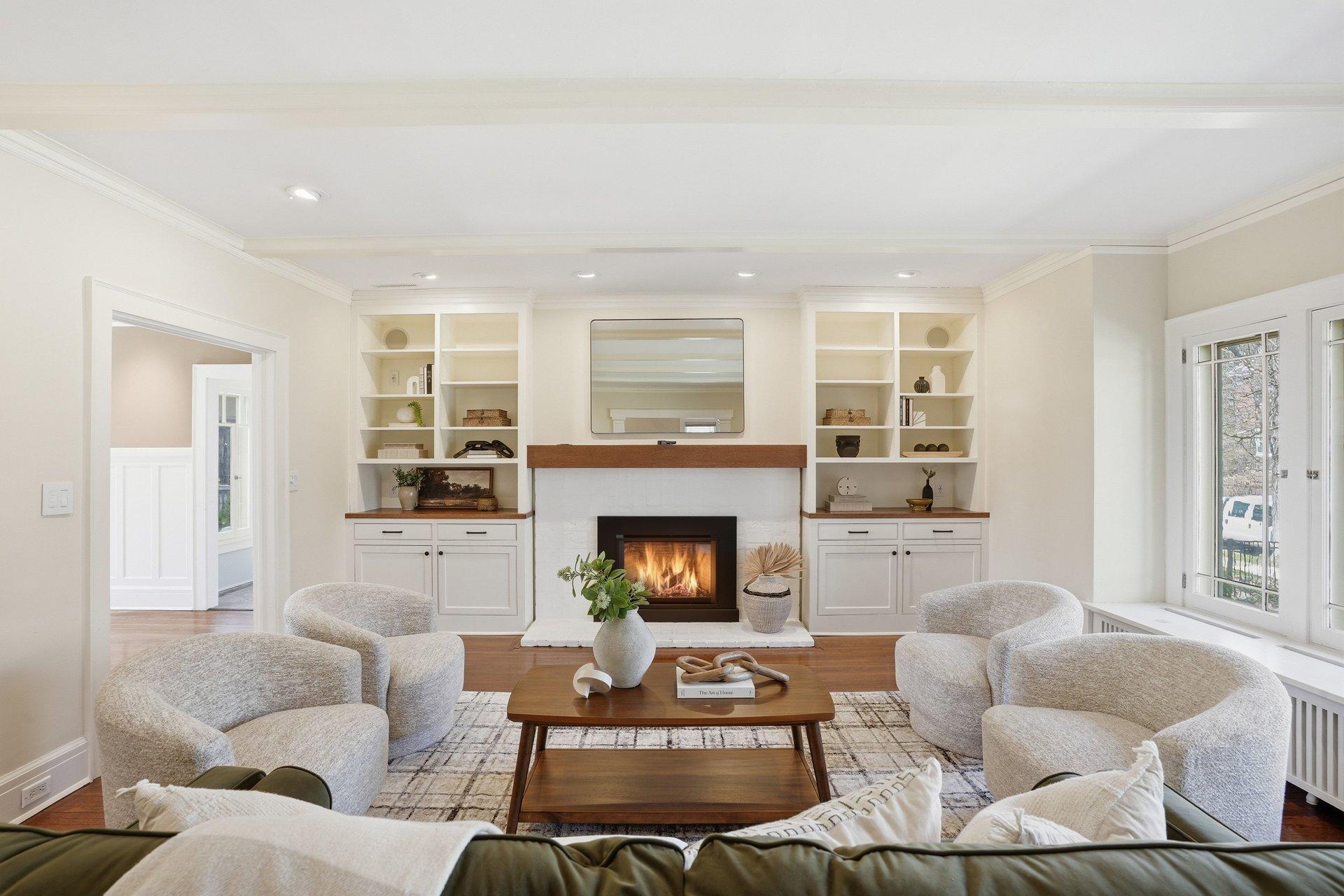 2200 Kenwood Parkway - owners converted the fireplace to gas and installed shelving and drawers to turn this space into the heart of the home.
