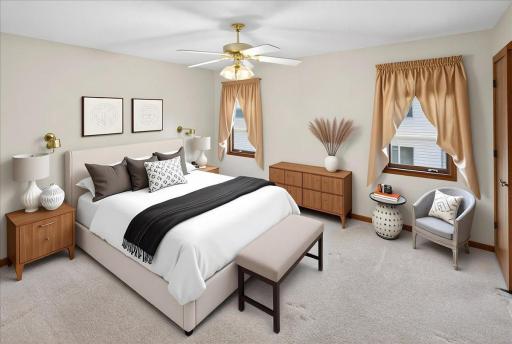 Image virtually staged. Upper level owner's suite includes a private bathroom and walk-in closet.