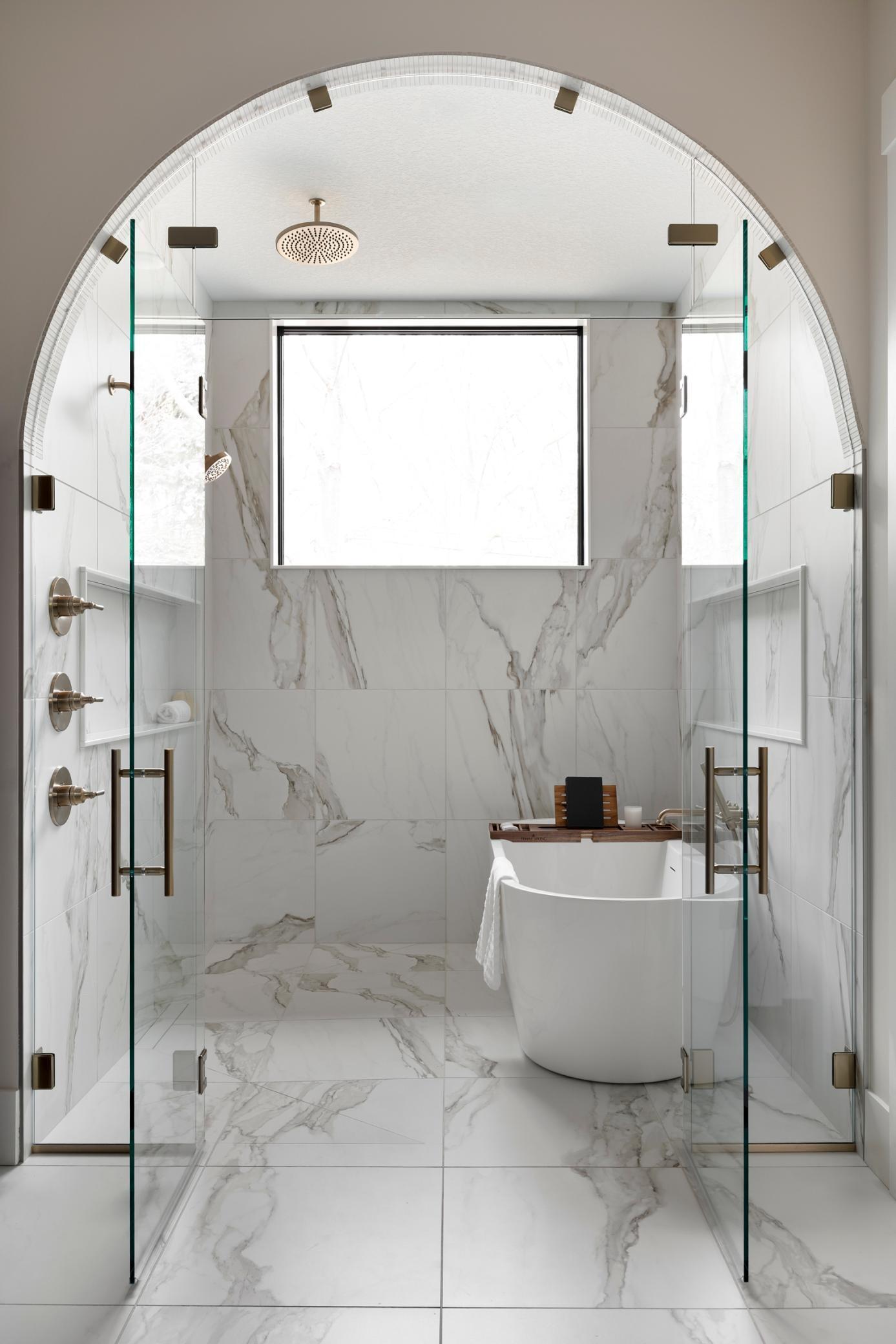 Primary Ensuite Bath Wet room - Shower & Soaking Tub with arched opening & glass doors; zero transition entry