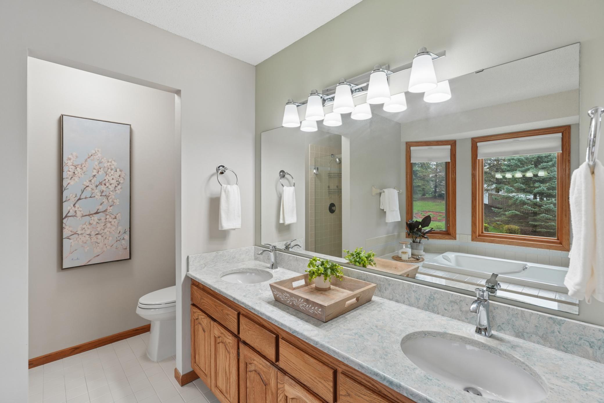 Primary Full Bath Double Sink with Cambria Countertops and Separate Shower