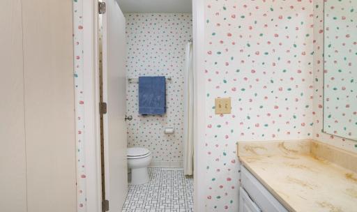 The upper level main hallway bath has a separate commode and tub/shower combo.