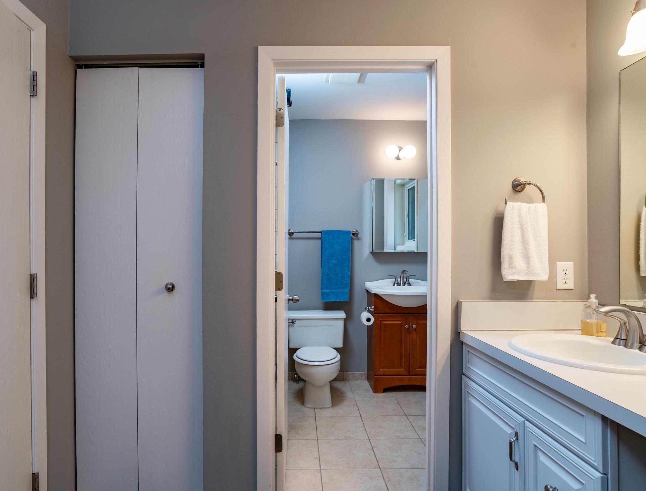 Primary bath vanity space has a linen closet and walk-in closet. The private toilet room has a single vanity, walk-in tiled shower and window.