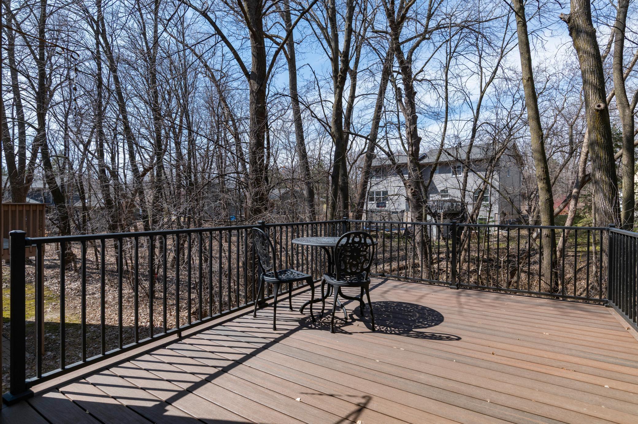The deck has great views of wooded backyard and creek bed.