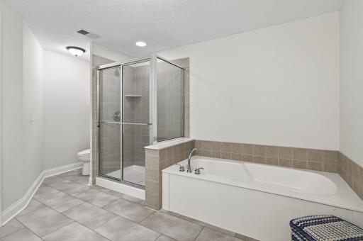 Forget the "standard" basement bath; this massive, full-service retreat features a deep soaking tub and a separate walk-in shower