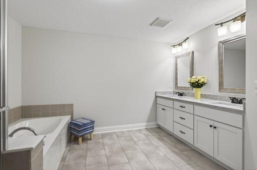 Discover a high-end retreat in the lower level! This massive full bath boasts a dual-sink vanity and modern finishes. A truly restorative and private space that elevates