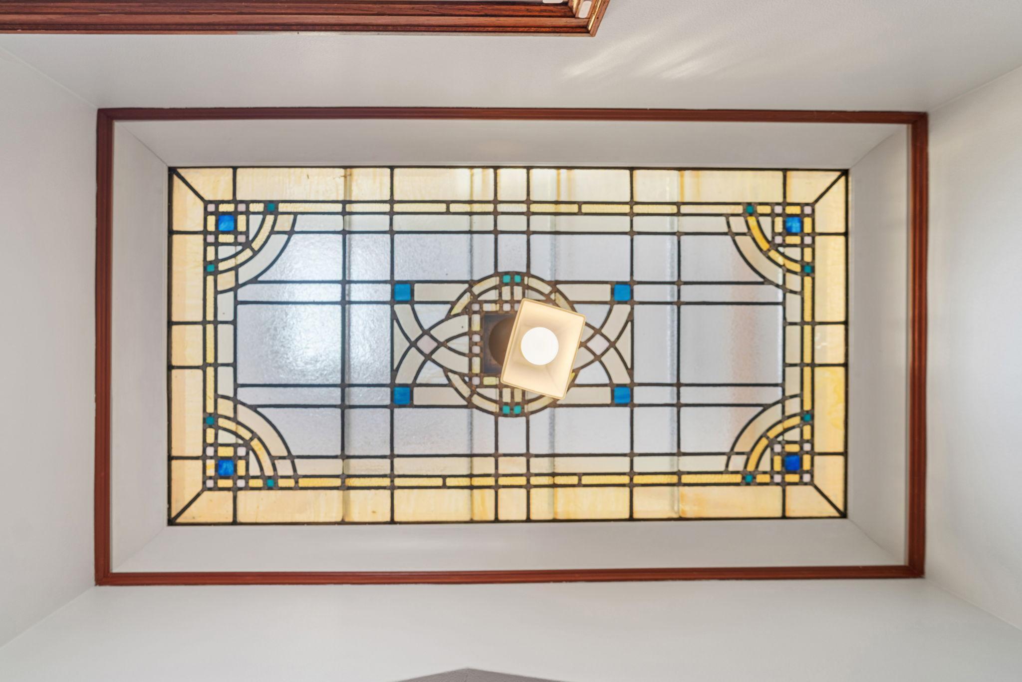 Gorgeous leaded glass skylight in front entry
