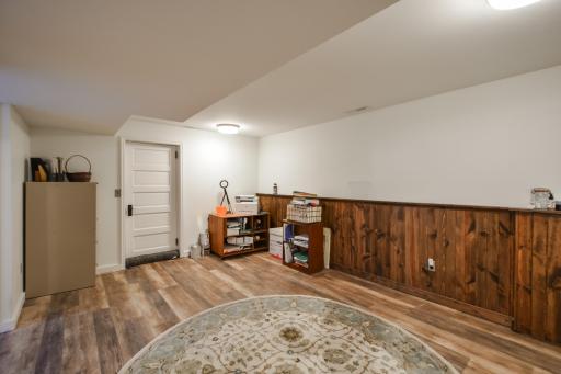 Lower level family room. Through the solid door is a great space for cold storage.