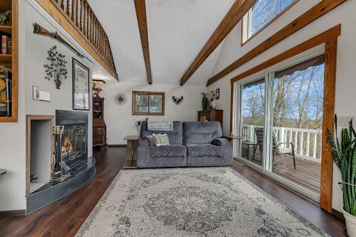 The living room makes a statement with the vaulted ceilings and beautiful beams.