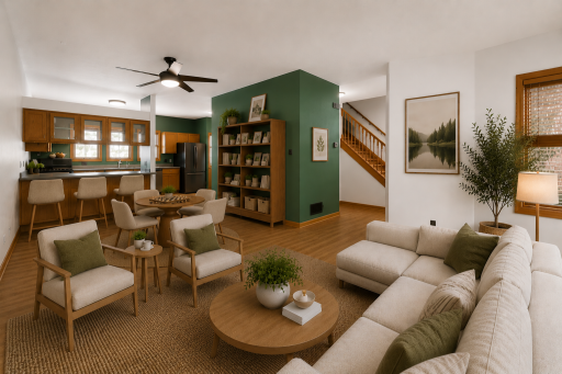 Virtually staged living room. Newly finished Hardwood Flooring and all fresh paint