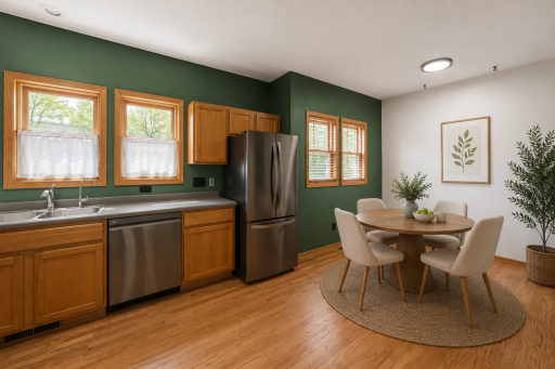 Virtually staged dining room. Lots of sunlight from bright windows