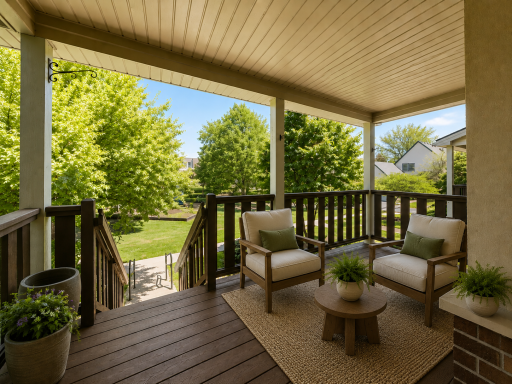 Front porch virtually staged. Front porch with access to shared park