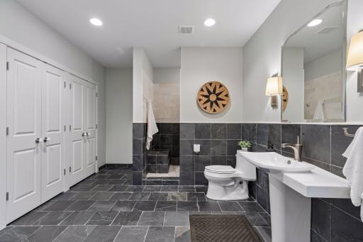 A three double closet system is installed for storage and multiple guests.