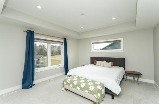 Primary suite with tray ceiling and transom windows