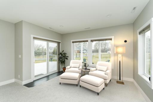 Lower level family room with gas fireplace and walk-out to patio