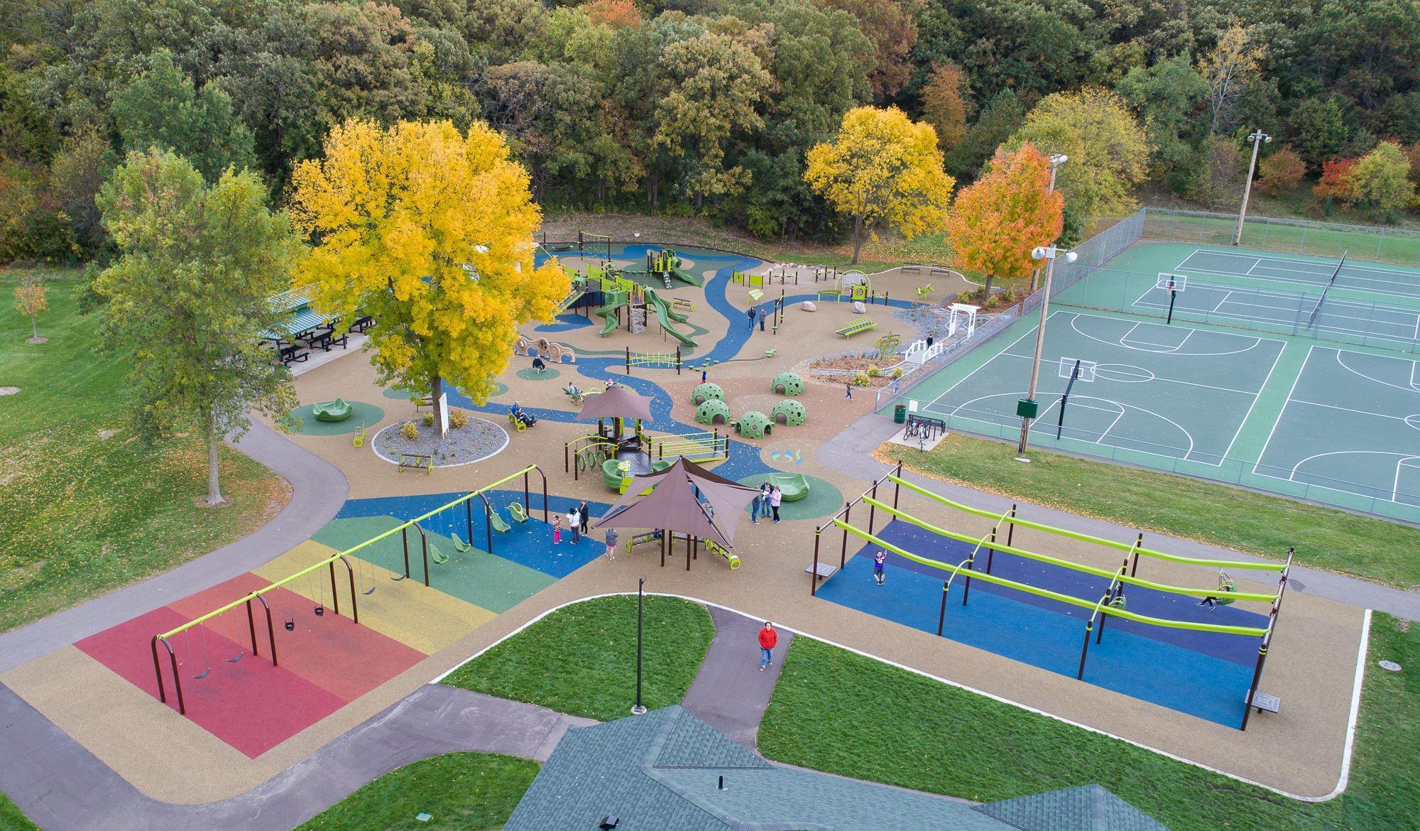Cottage Grove is home to one of the state's largest inclusive playground-Woodridge Park! This 23,000 square foot playground has something for kids of all abilities, including 100% accessible surfacing, sensory equipment, musical instruments, & more!