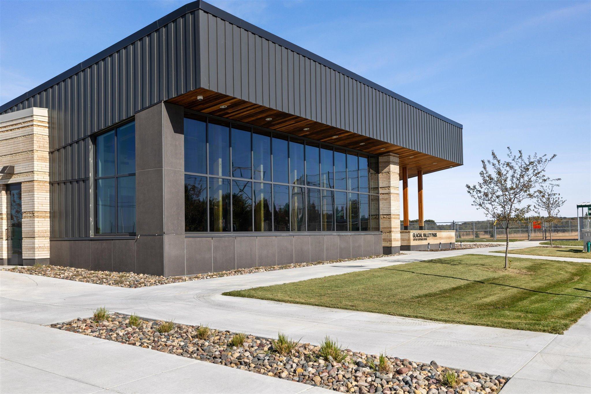 Glacial Valley Park-The park will also includes a 4,000 square foot building that is designed for multi-use programming/rentals, outdoor connections, and sustainability by utilizing solar energy systems.