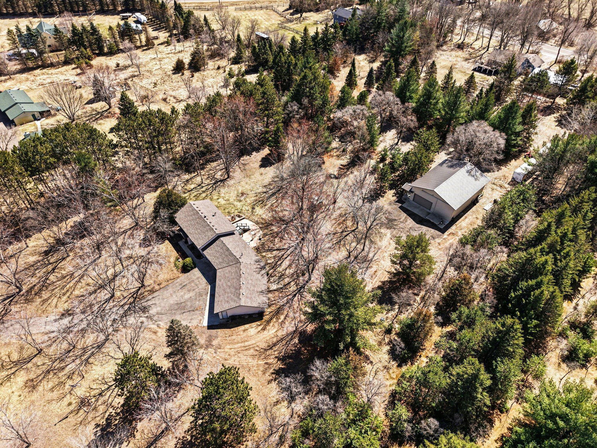 Aerial of Acreage, Home and Pole Barn