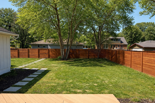 Set on a double lot, you'll love the fully fenced, level yard with tons of room to run and play. (Image has been digitally enhanced to approximate summer foliage)