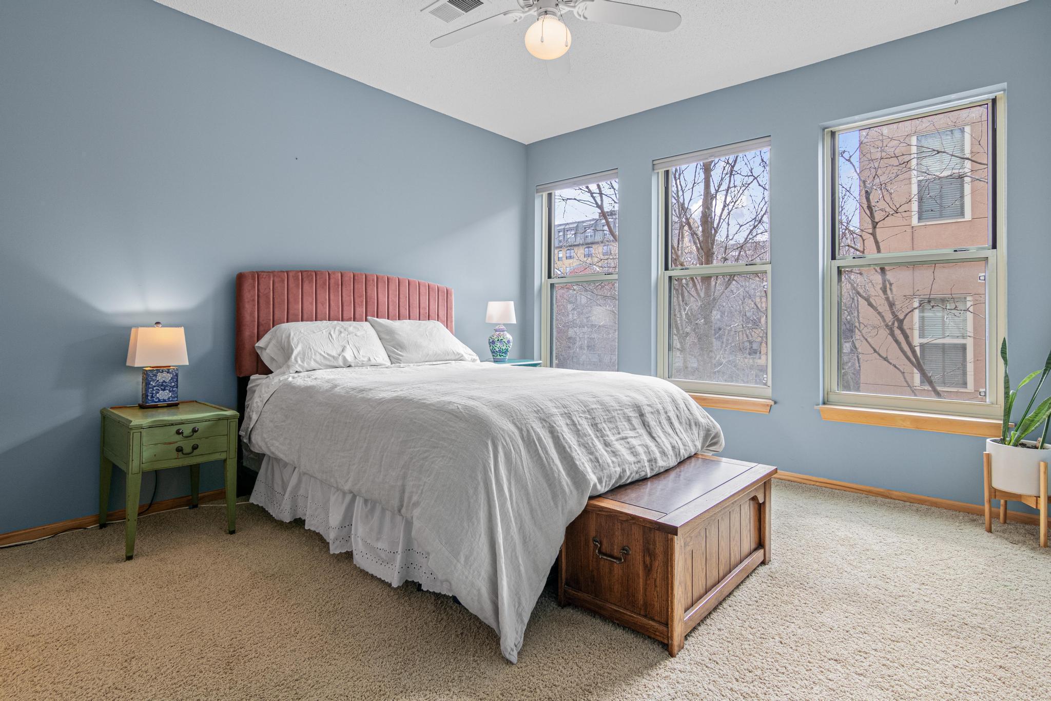 Large Primary Bedroom with Expansive Windows and Walk in Closet