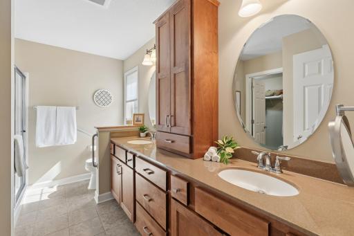 356 Andrews Bay, Hudson, WI - Primary bathroom has two sinks and lots of storage space