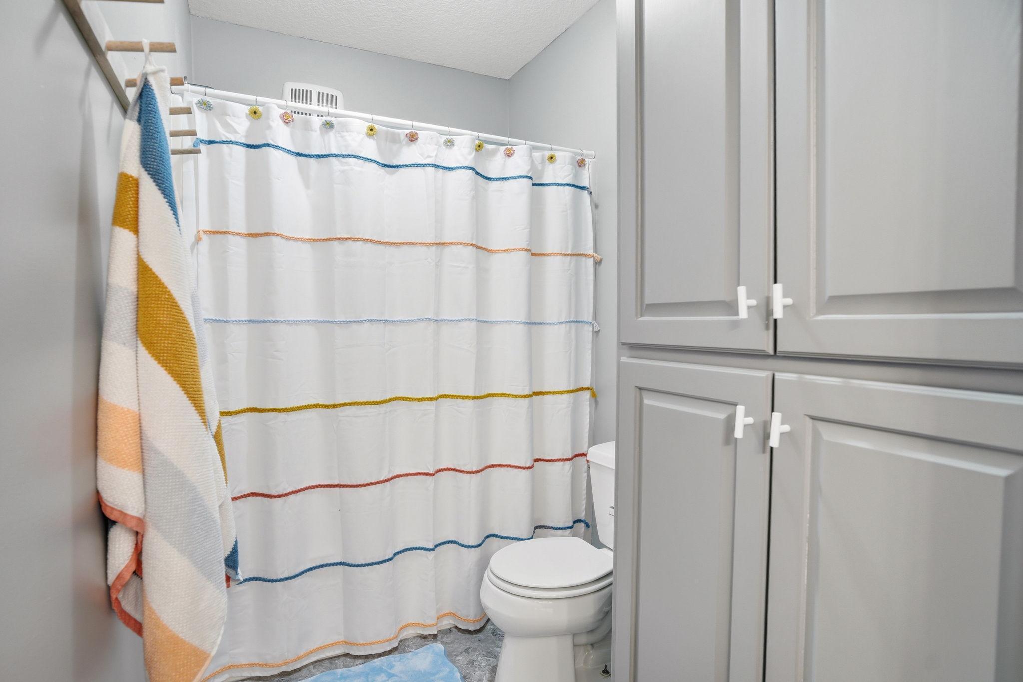 Full bathroom located between two upper-level bedrooms, featuring a separate space for the tub/shower combo and toilet for added privacy and convenience.