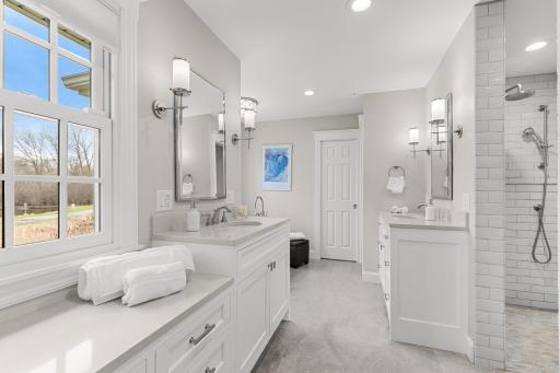 Primary bath - enameled built ins and quartz finishes