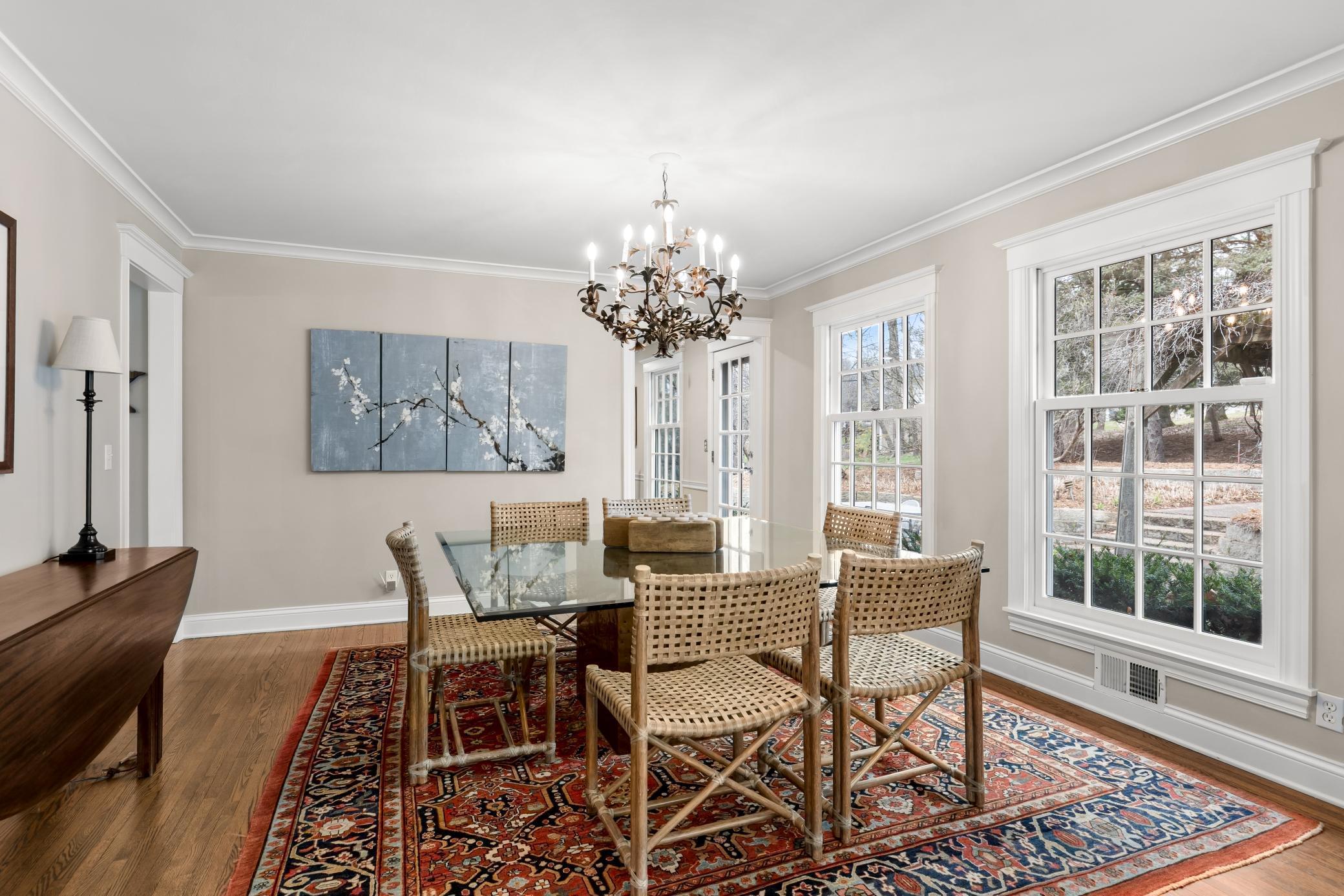 Formal dining with walls of windows