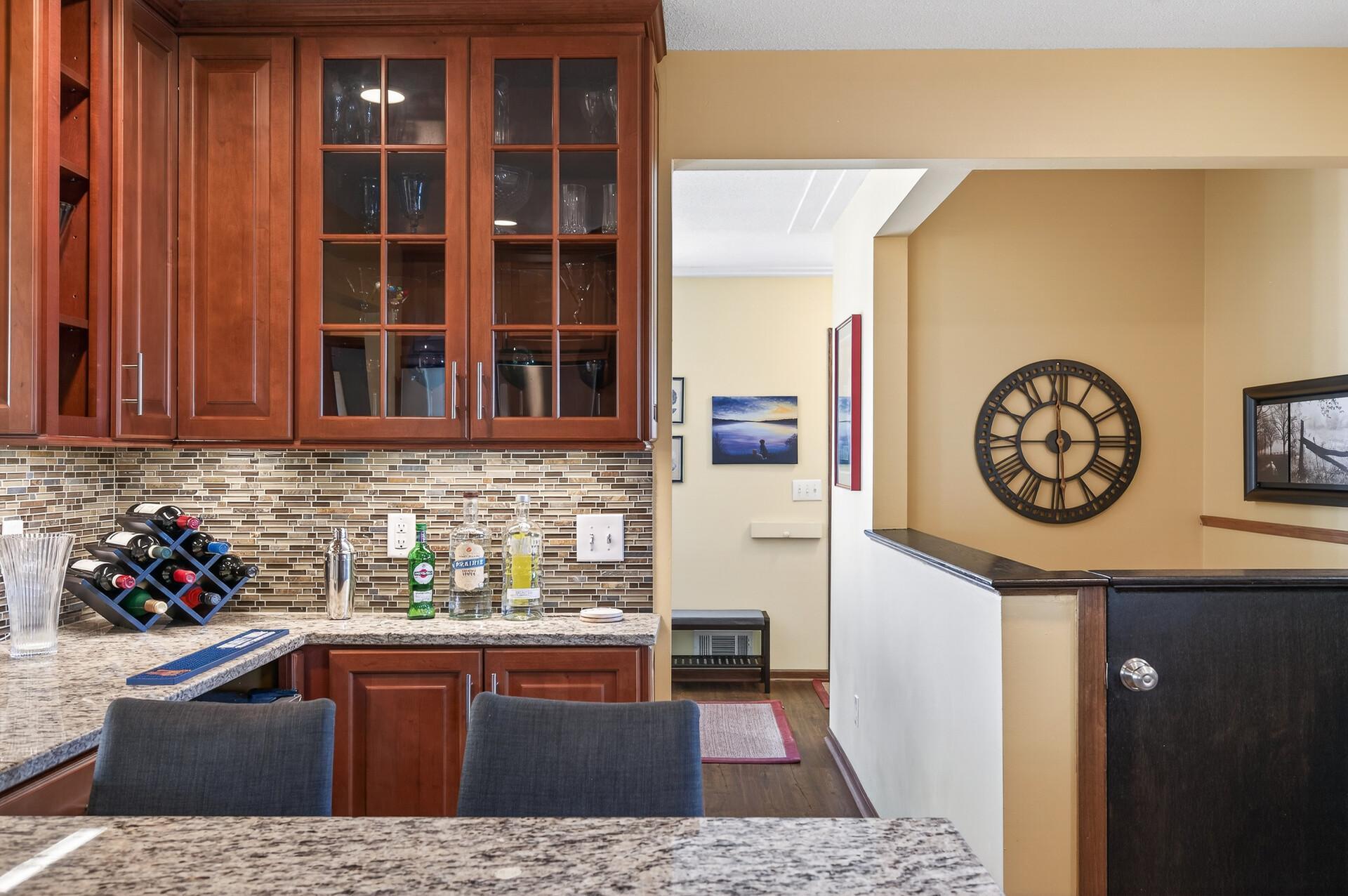 Built-in glass cabinet adds character and function.