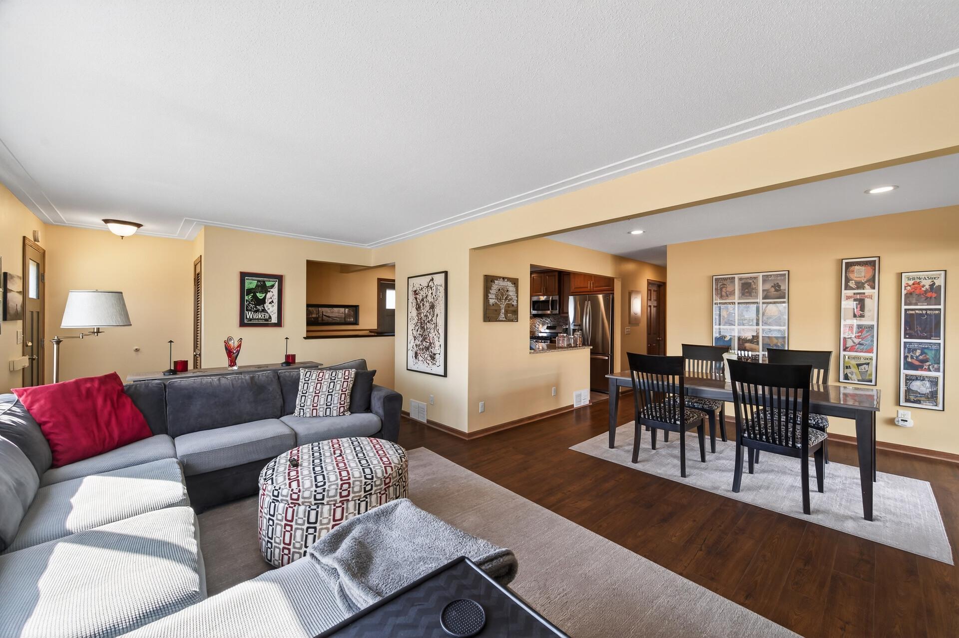 Easy entertaining space with adjacent living and dining areas.