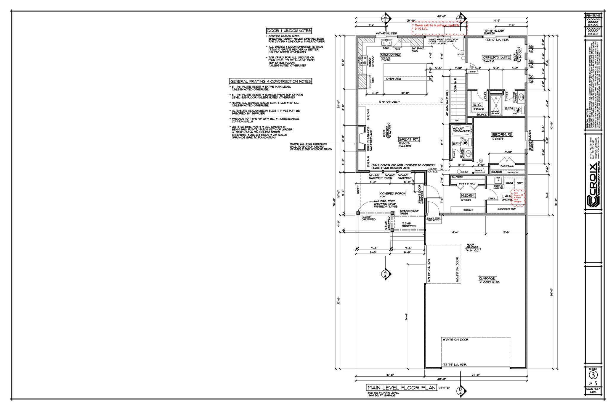 Previously approved main level floor plan. The buildable envelope on this property allows you to go much bigger than this floor plan.