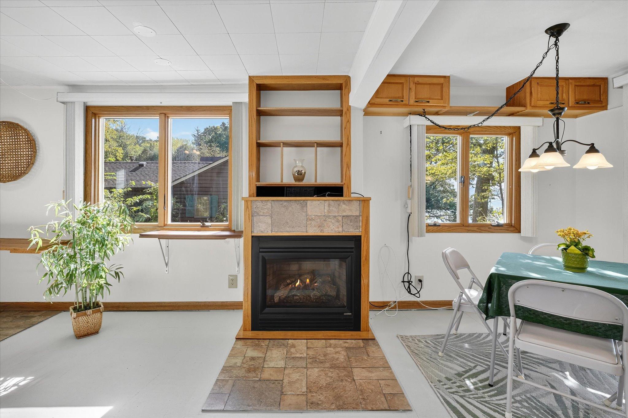 Cabin interior living room/fireplace.