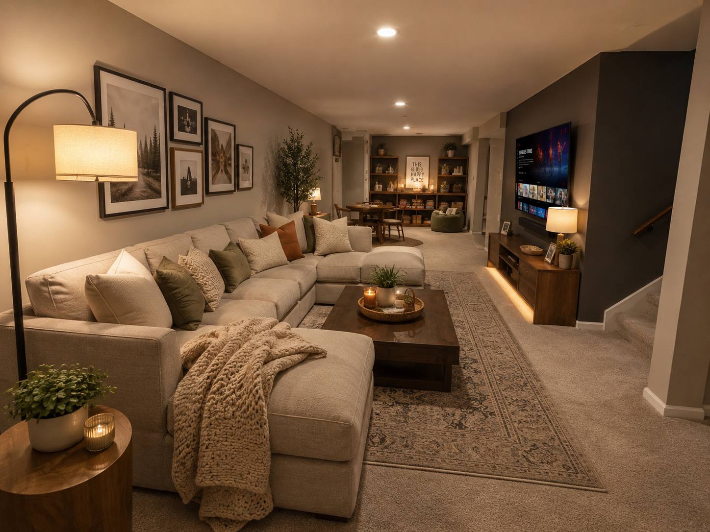 Virtually staged lower level family room