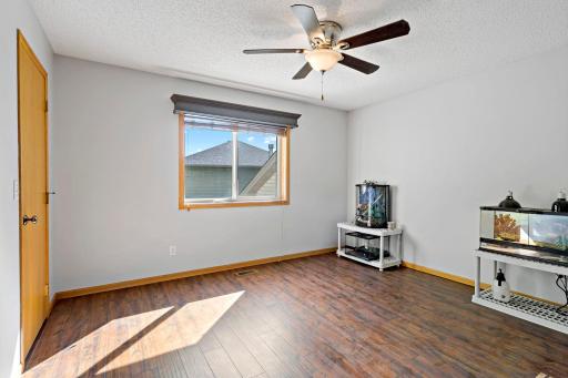 Upper level 1st BR with walk in closet and ceiling fan.