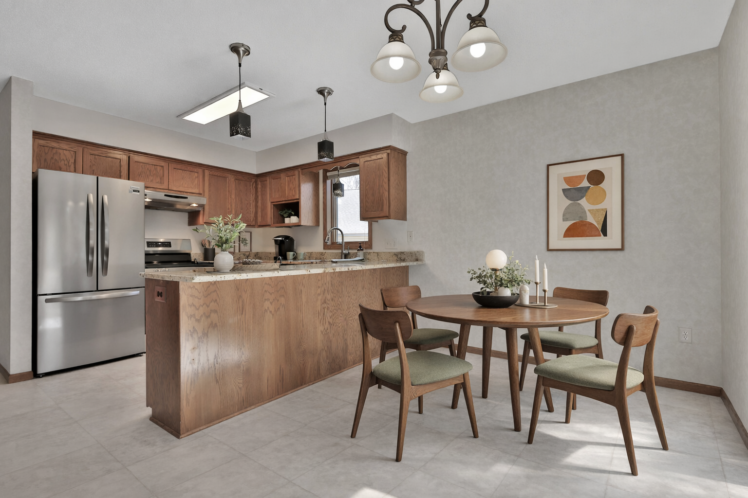 Dining room and kitchen virtually staged