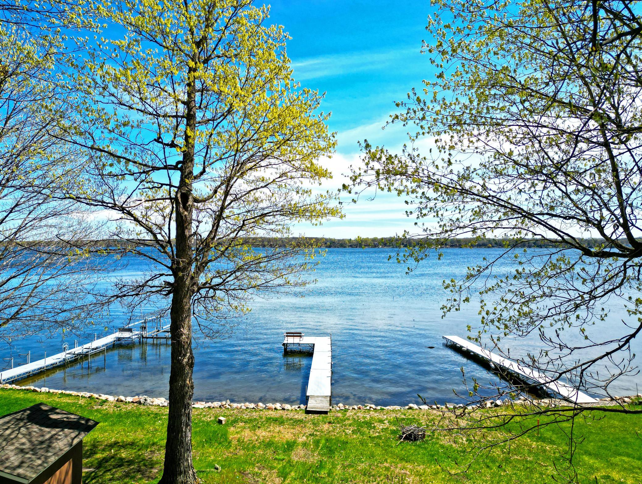 Set on a level lot with beautiful green space, the cabin enjoys a prime location just steps from the shoreline.