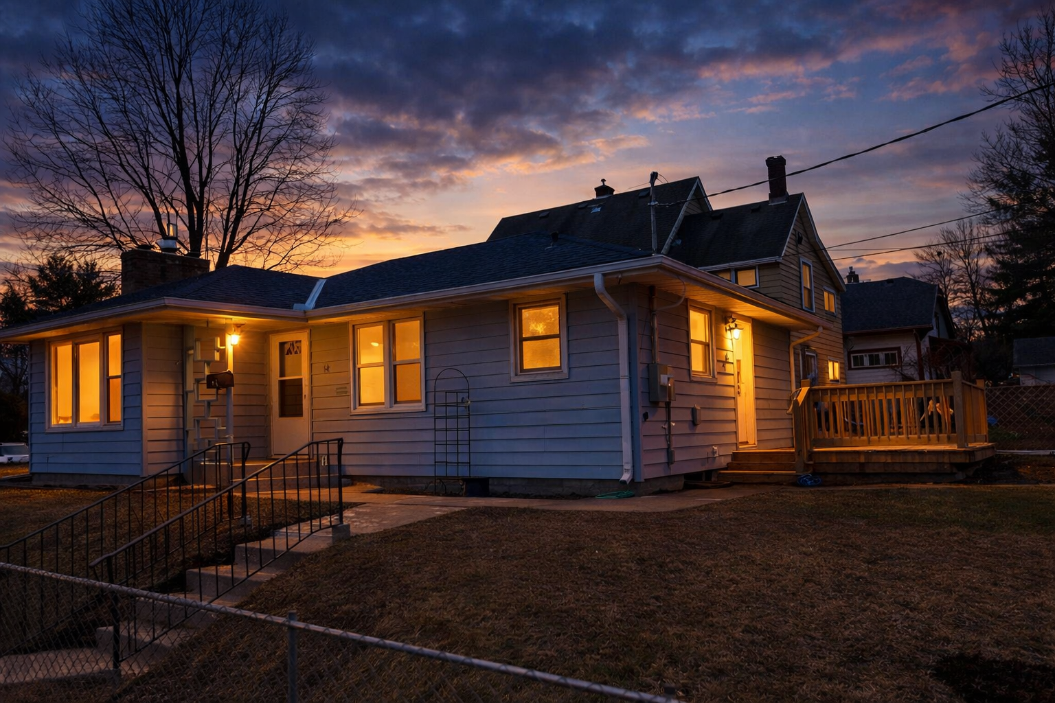 Dusk over a blue suburban home.png