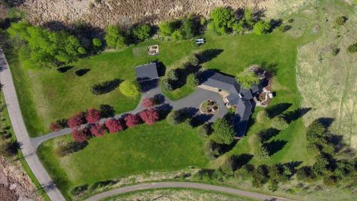 Birds' eye view over 1200 Game Farm Circle when the apple trees are in bloom.