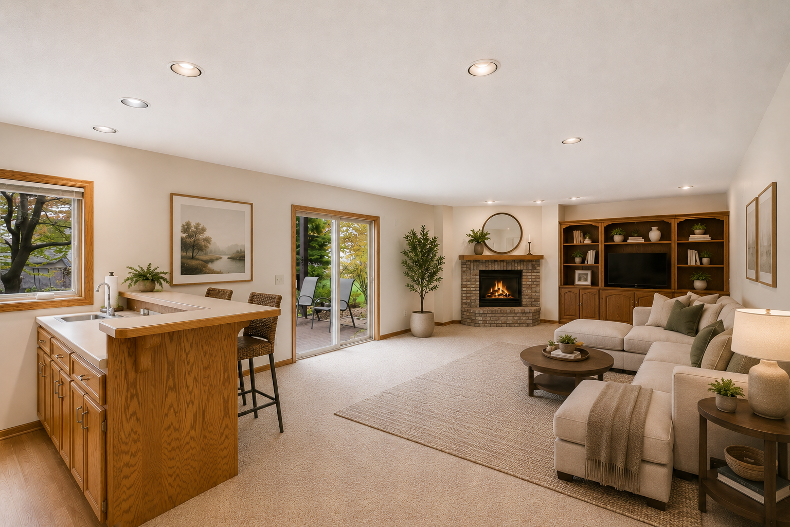Virtually staged lower level family room.