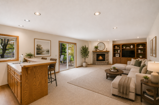 Virtually staged lower level family room.
