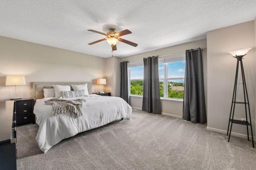 Large primary suite with views of backyard