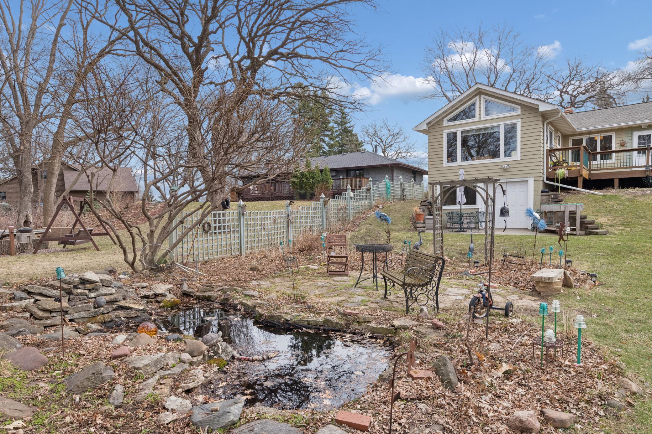 Enjoy the pond in the summer that gets stocked with goldfish