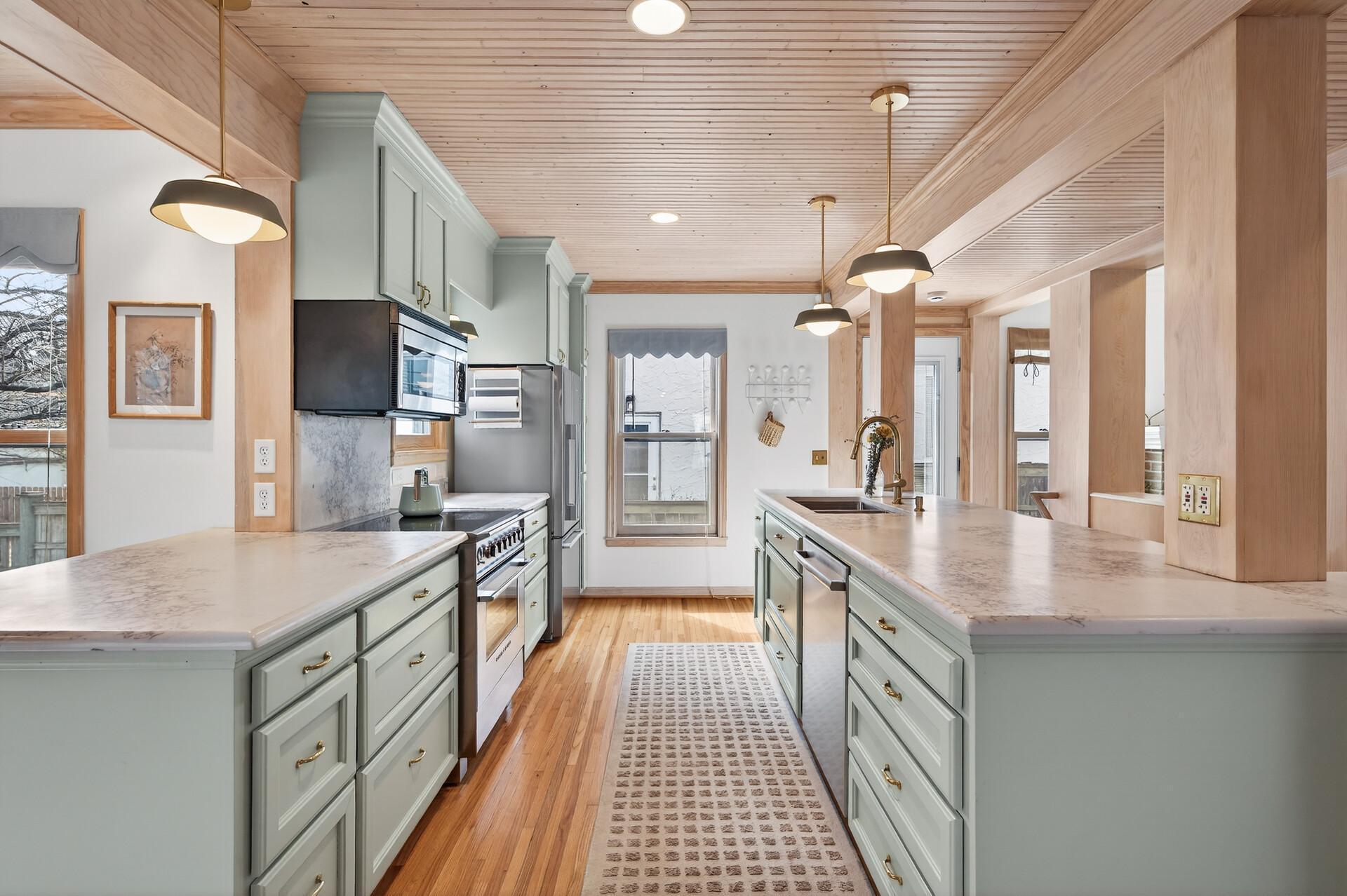 The updated kitchen is a chef's dream with updated appliances and tons of counter and cabinet space!