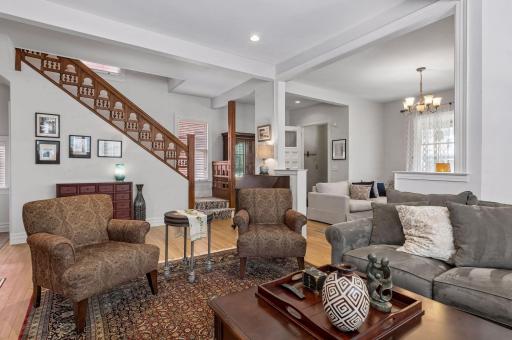 Intricate woodwork on the railing adds character to the home.