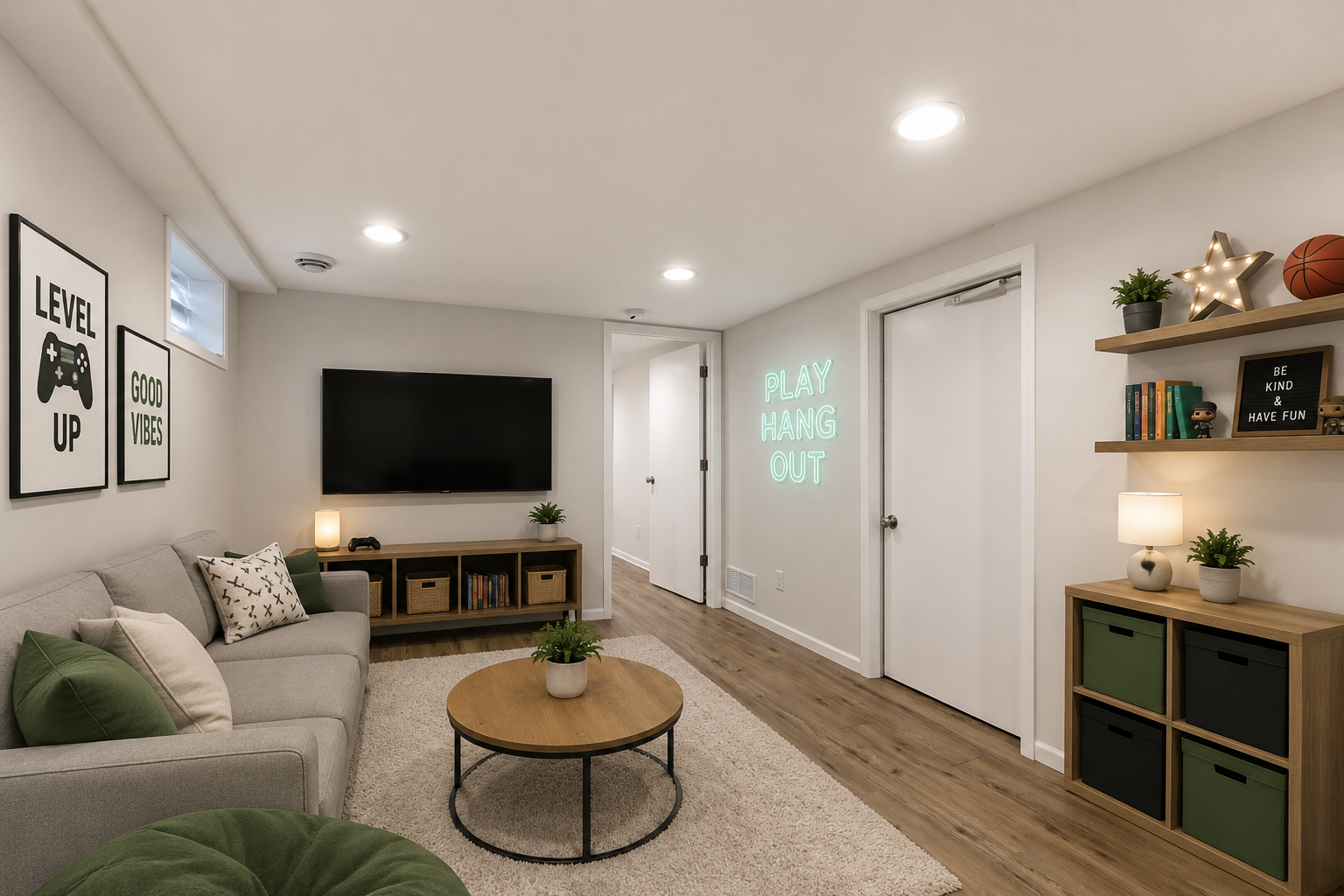 Lower level rec room with vinyl flooring, block windows and recessed lighting.
virtually staged