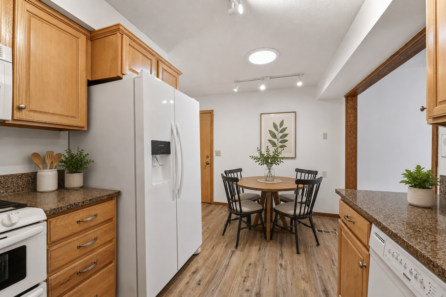 Updated eat in kitchen with granite counter tops, new cabinets, vinyl flooring and sky light.
virtually staged