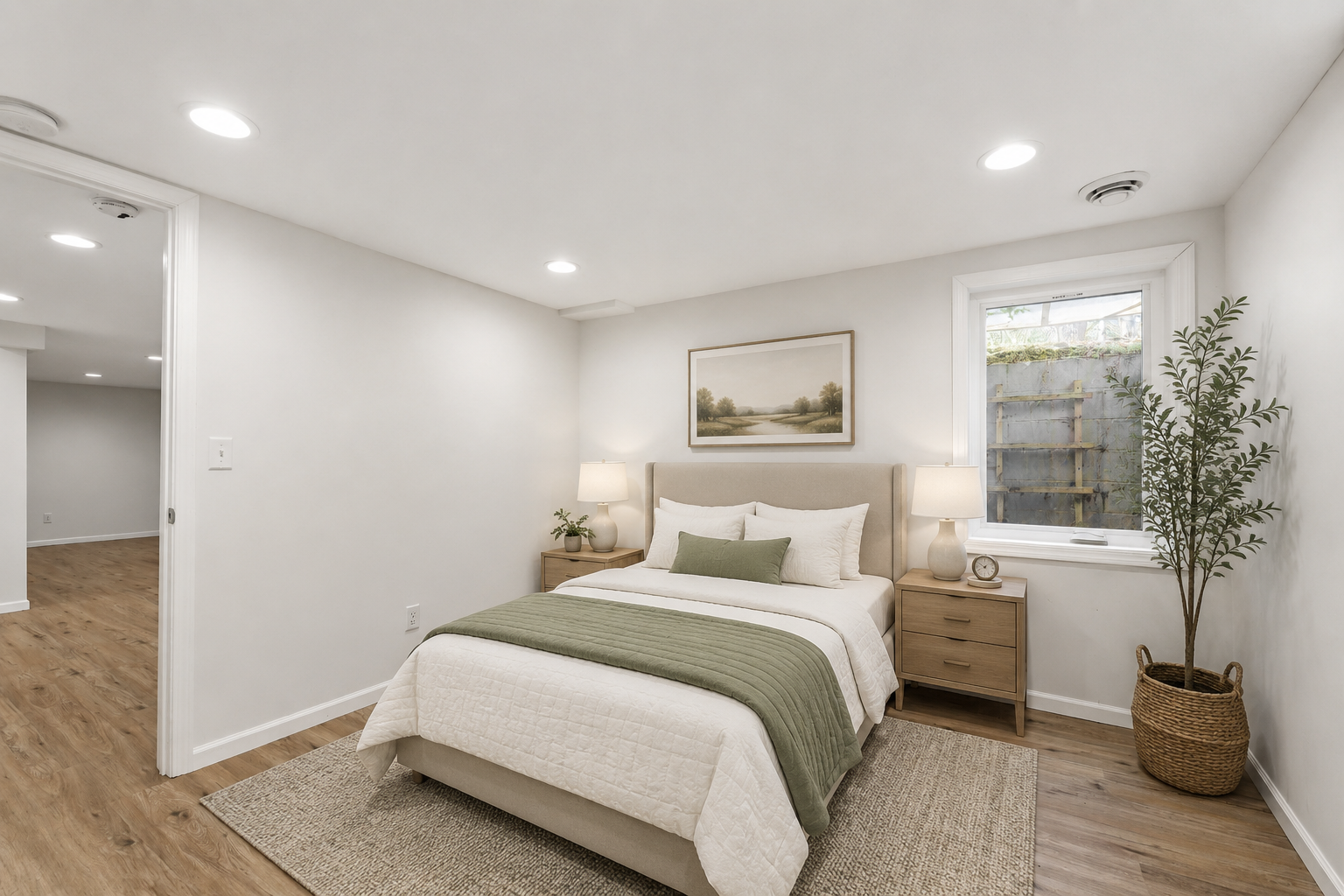 Serene lower level guest bedroom with egress, vinyl flooring and recessed lighting.
virtually staged