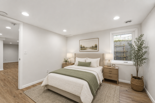 Serene lower level guest bedroom with egress, vinyl flooring and recessed lighting.
virtually staged