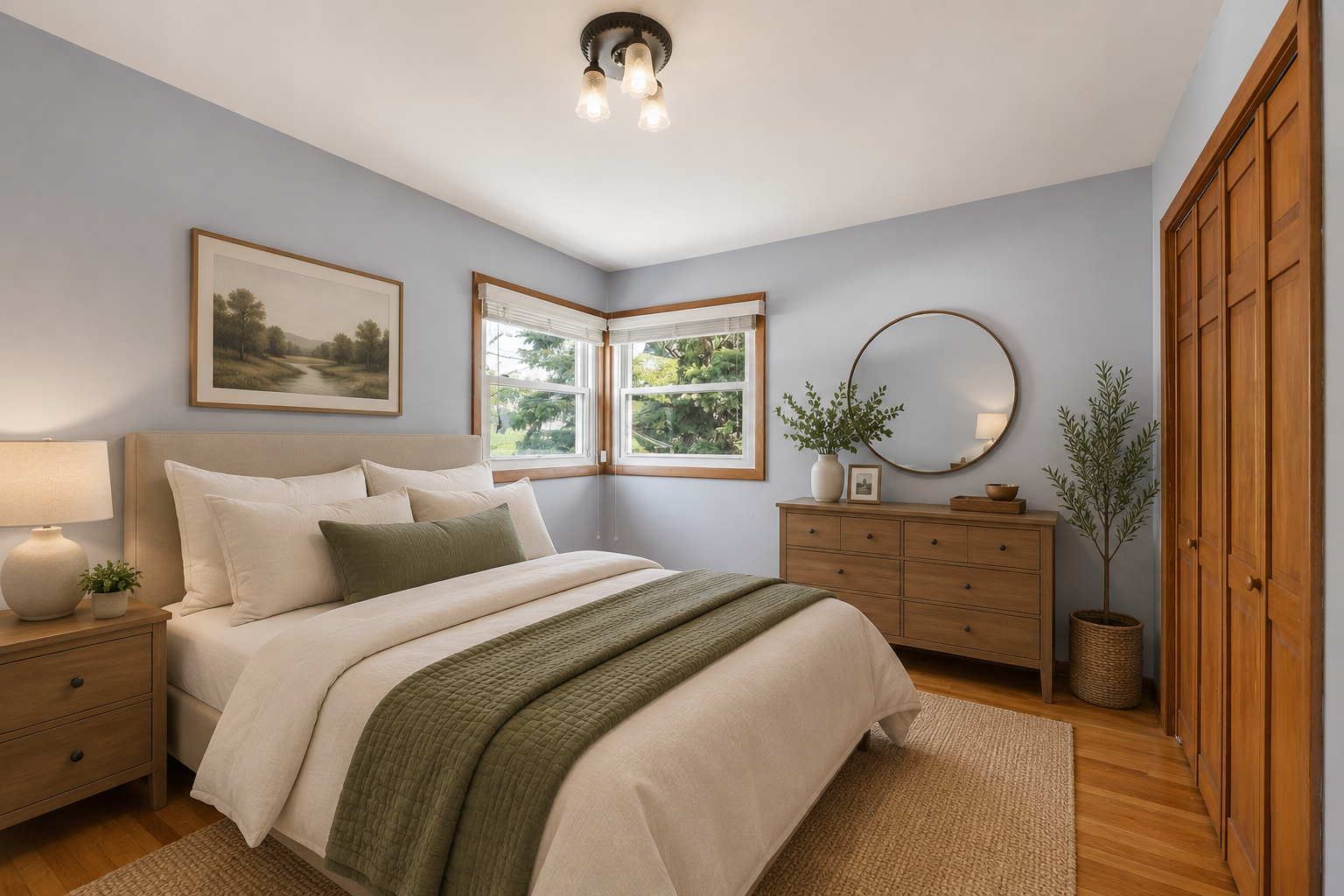 Primary bedroom with beautiful hardwood floors and six panel solid closet doors.
virtually staged